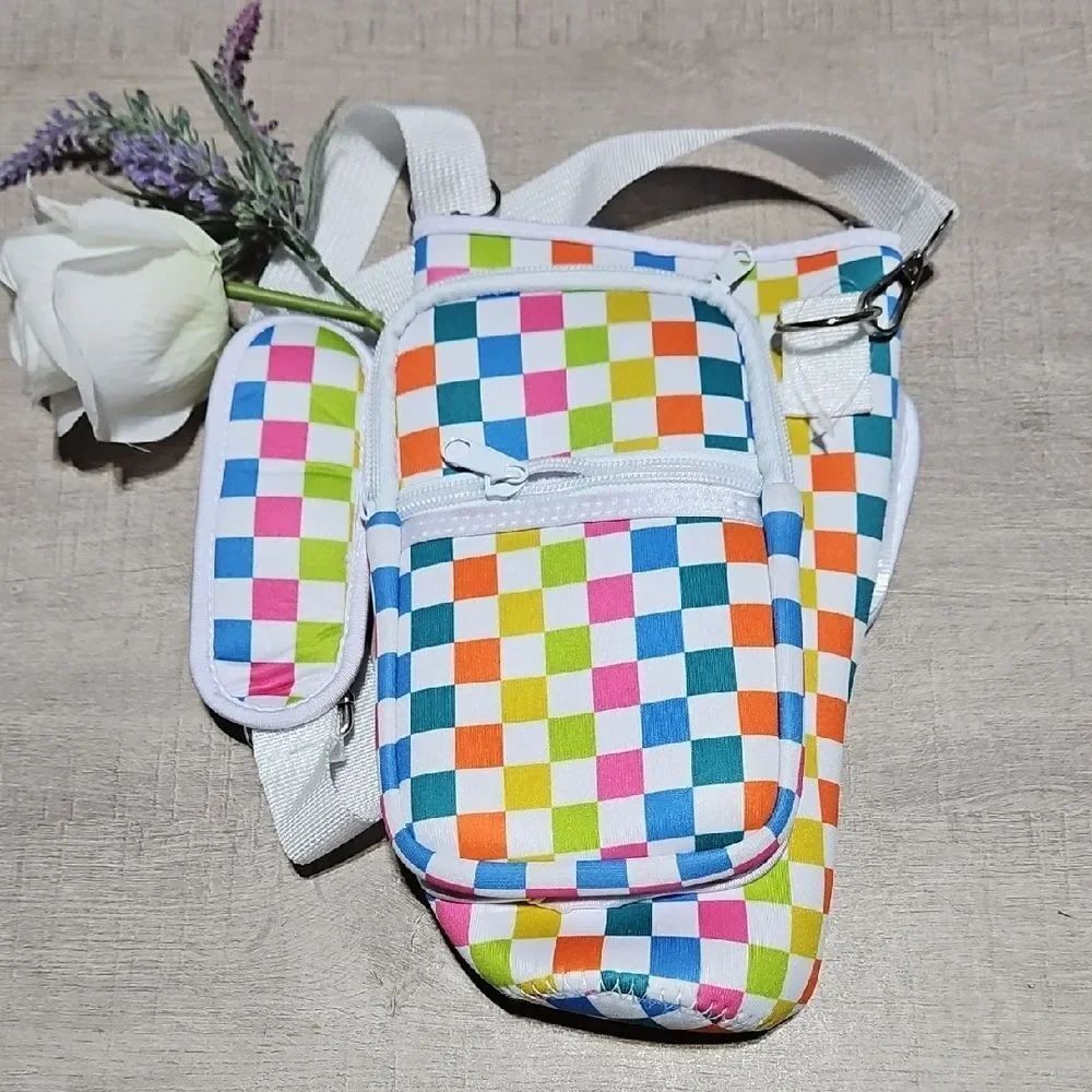 Colorful Checkered Crossbody/Shoulder Bottle Sleeve With Zippered Compartments